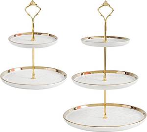 lot 21237 image: Tosnail Set of 2 Porcelain Cupcake Stand Ceramic Dessert Stand Tiered Serving Trays with Gold Rod, 3 Tiers and 2 Tiers Cake Stand Party Serving Trays Fruit Pastry Holders for Wedding and Party