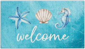 lot 21244 image: Jvpke Blue Beach Welcome Mat for Front Door, Beach Door Mat, Starfish Seashell Seahorse Beachy Door Mats Indoor Outdoor Entrance Porch, Ocean Beachy Baths Mats for Bathroom, 17x30 Inches