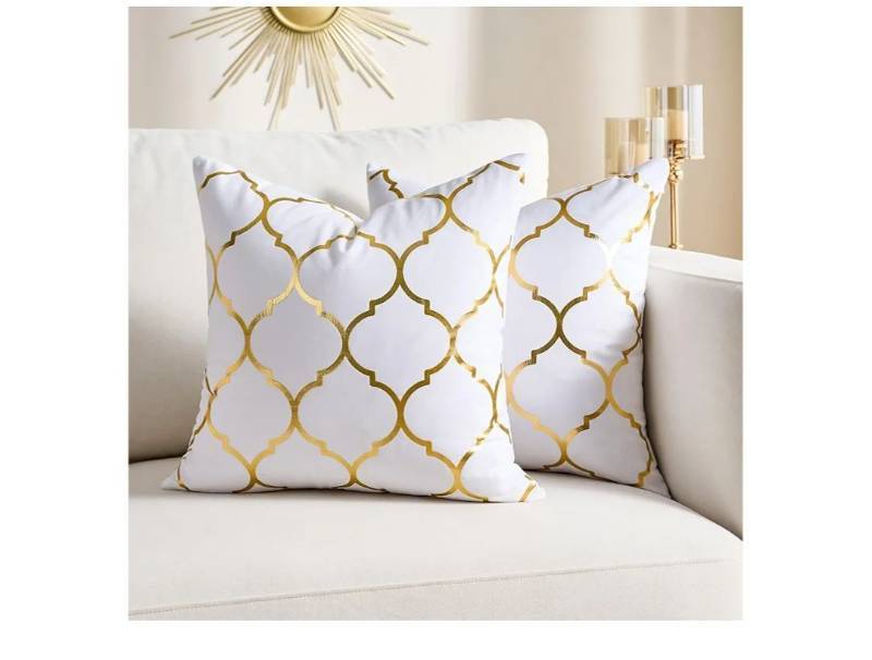 lot 63034 image: Decorative Pillow Covers 12x 12 White and Gold Modern Farmhouse Square Decorative Velvet Pillow Covers Solid Soft Accent Cushion Case with Invisible Zipper for Couch Sofa Couch Pack of 2 - Retail $15