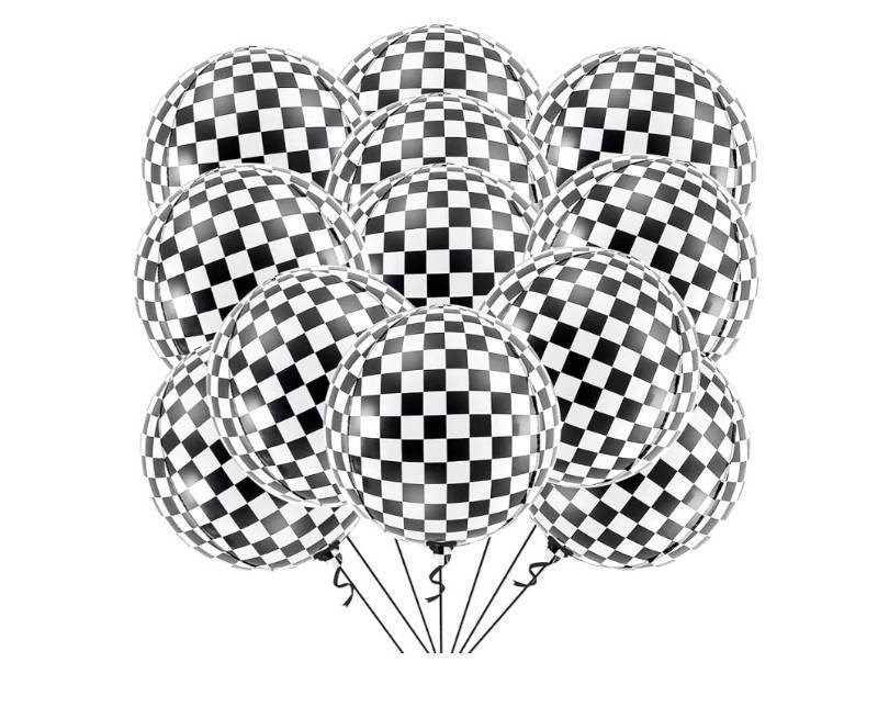 lot 63014 image: Black and White Checkered Balloons - 22 Inch, Pack of 12  Race Car Balloons for Race Car Birthday Party Decorations  Racing Party Decoration  Checkered Party Decorations - Retail $8