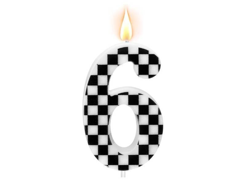 lot 63099 image: Racing Car Themed Number 6 Birthday Candle Black White Checkered - Retail $4