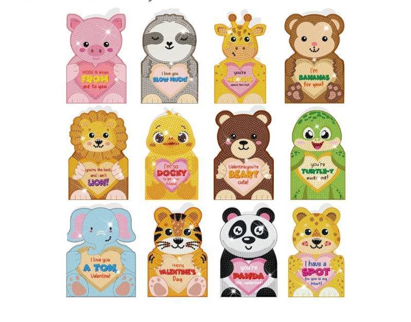 lot 63088 image: 12 Pack Valentine Gifts Diamond Painting Greeting Cards with Animal Design Diamond Art Card with Envelope Valentines Day 5D Rhinestones Painting Making Kits for Adult DIY Craft Family Friend - Retail $15