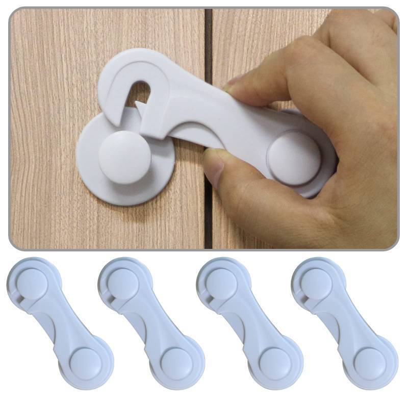 lot 63012 image: Cabinet Door Locks for Baby Proofing and Child Safety, 4 Pack Childproof Cabinet Locks with Adhesive for Drawer Cupboards Fridge Closet and Pantry, Child Proof Latch for Protecting Kids (White-4PCS) - Retail $6
