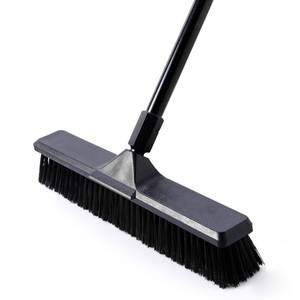 lot 17143 image: 18 Push Broom for Deck Driveway Patio Garage  Heavy-Duty Stiff Bristles Sweeper with 66 Adjustable Handle  Outdoor Concrete Sidewalk Yard Snow Cleaning Tool, Black - Retail $25