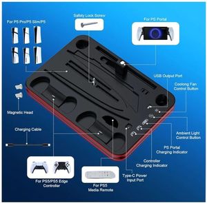 lot 17145 image: All in One Cooling Stand & Charger Station for PS5SlimPro Console and Controller Charging Dock, Charging Stand for PlayStation Portal, Headset and Remote Holder with RGB Light Stand - Retail $45