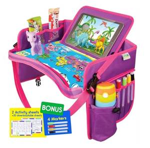 lot 17153 image: Kids Travel Tray - Waterproof Lap Table with No-Drop Large Tablet Holder - Car Seat Tray - Road Trip Essentials Kids - Car Desk Organizer for Airplane - Toddler Travel Essentials. MISSING A MARKER. - Retail $28