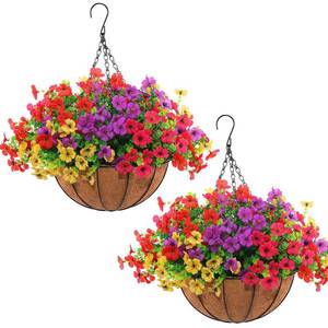 lot 17160 image: 2 Set Artificial Outdoor Flowers with Hanging Basket, 2 Hanging Planters with 24 Pcs Flowers for Spring Summer Front Porch Garden Patio Home Decor (2, Red, Purple, Yellow, Rose Red) - Retail $45