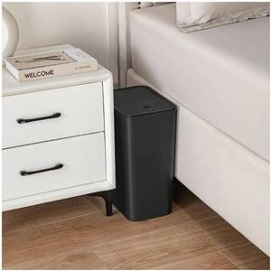 lot 17165 image: Bathroom Trash Can with Lid, 4 Gallon  15 Liter Small Garbage Can, Press Top Bin, Plastic Wastebasket with Pop-Up Lid for Bedroom, Living Room, Office. LID HAS A LONG SCRATCH. - Retail $21
