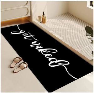 lot 17168 image: Get Naked Long Black Bathroom Rug, Funny Quick Dry Bath Mat Absorbent Non-Slip Thin fit Under Door ,Diatomite Stone Bathroom Runner Rug for Floor Mats with Rubber Backing. NEEDS TO BE WASHED SEE PHOTO. - Retail $27
