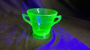 lot 803 image: Green Depression Uranium Glass Sugar Bowl with Handles