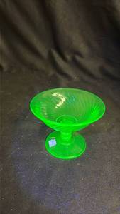 lot 810 image: Green Depression Uranium Glass Swirl Pattern Compote Bowl