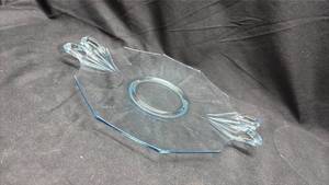 lot 816 image: Blue Clear Glass Serving Tray with Decorative Handles - Lead Glow