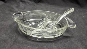 lot 829 image: Fostoria Glass Divided Relish Dish with Ladle Set - Manganese Glow