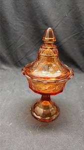 lot 831 image: Pressed Glass Compote Dish with Lid - Selenium Glow