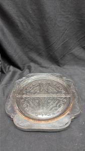 lot 843 image: Depression Era Pink Glass Divided Serving Plate with Ornate Pattern - Selenium Glow