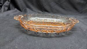 lot 844 image: Pink Depression Glass Divided Relish Tray with Handles - Selenium Glow