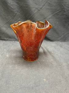 lot 874 image: Amber Glass Ruffled Edge Vase with Textured Pattern