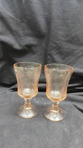 lot 903 image: Pink Depression Glass Goblets Set of 2 - Neodymium Glow