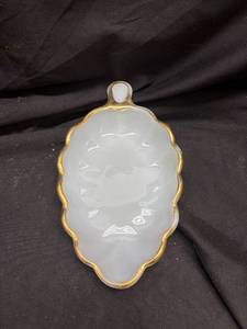 lot 910 image: White Milk Glass leaf Trinket Dish with Gold Trim