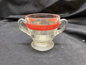 lot 915 image: Clear Glass Sugar Bowl with Red Band Decoration