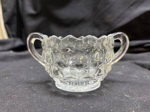 lot 916 image: Pressed Glass Sugar Bowl with Handles - Manganese Glow
