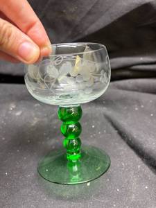lot 918 image: Etched Glass Champagne Coupe with Green Stem - Manganese Glow