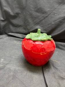 lot 920 image: Red Ceramic Strawberry Shaped Jar with Green Leaf Lid