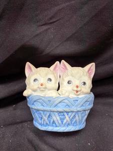 lot 921 image: Ceramic Kittens in Blue Wicker Basket Figurine