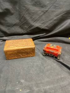 lot 938 image: Decorative Storage Box Set - Hand Carved Wooden Box and Ornate Orange Jewelry Box