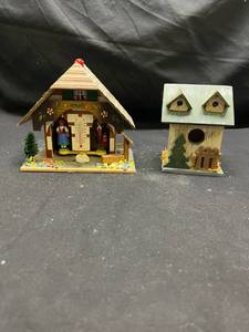 lot 946 image: German Black Forest Weather House with Thermometer and Decorative Wooden Birdhouse Set