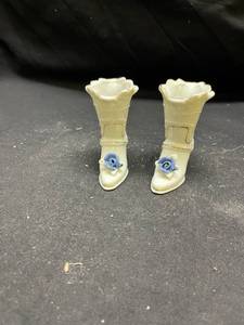 lot 947 image: Pair of Porcelain Boot Vases with Blue Rose Accents Made in Japan