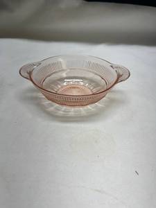 lot 957 image: Pink Depression Glass Tab Handle Berry Bowl