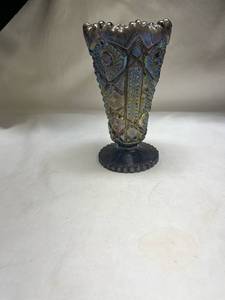 lot 958 image: Carnival Glass Iridescent Purple Footed Vase with Diamond and Star Pattern