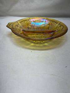 lot 962 image: Marigold Carnival Glass Divided Relish Dish with Handle