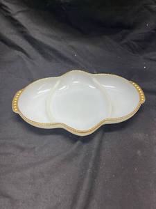 lot 964 image: Fire-King Milk Glass Divided Relish Dish with Gold Beaded Trim