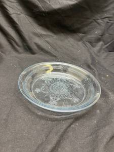 lot 966 image: Fire King Clear BlueGlass Pie Plate with Embossed Scrollwork Design