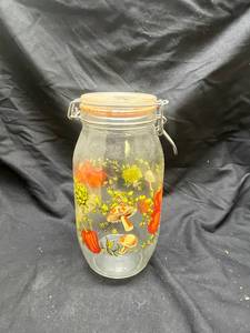 lot 971 image: French Glass Bail Top Canister Jar with Vegetable and Mushroom Design
