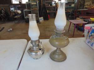 lot 3302 image: Pair of Metal Based Oil Lamps