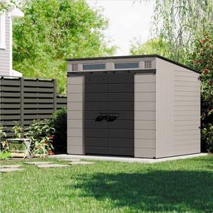 lot 20670 image: Suncast Tremont 8x7 Outdoor Storage Shed with Sliding Doors no poles or hardware  - Retail $1,000