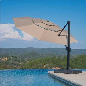 lot 20676 image: SUNVILLA 13FT RND 3-TIER Offset Patio Umbrella with Base - Retail $850