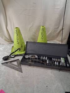 lot 18 image: Mixed Tool Lot with Safety Cones and Metal Case