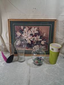 lot 19 image: Framed Magnolia Floral Print with Assorted Glass Vases and Decorative Tumbler