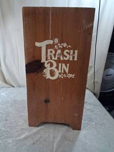 lot 86 image: Rustic Wooden Trash Bin with Floral Stencil
