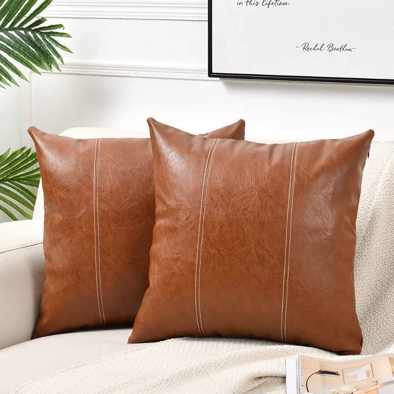 lot 2010 image: Fancy Homi 24x24 Pillow Covers, 2 Packs Brown Decorative Throw Pillow Covers 24x24 Inch for Couch Bed Bedroom Living Room, Cognac Brown Faux Leather Hand Stitched Square Cushion Case 60x60 cm