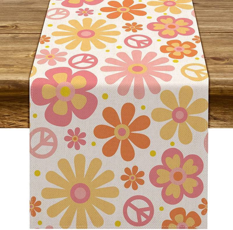 lot 2004 image: Groovy Table Runner Hippie Daisy Flower Peace Love Birthday Party Retro Kitchen Dining Home Decoration (13 x 90)