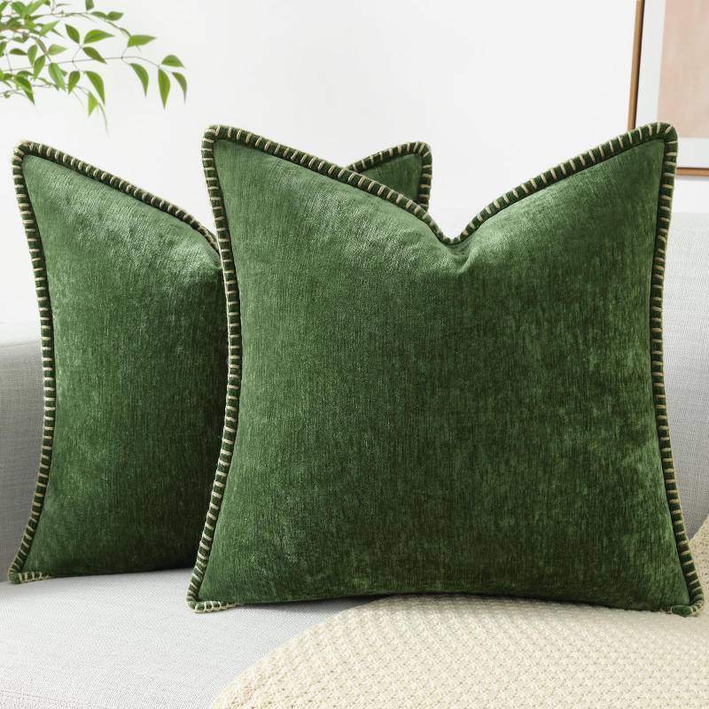 lot 2007 image: decorUhome Fall Chenille Soft Throw Pillow Covers 16x16 Set of 2, Farmhouse Velvet Neutral Decorative Pillow Covers with Stitched Edge for Couch Sofa Bed Home Decor, Forest Elf&nbsp