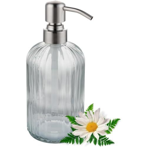 lot 2019 image: GULICA Glass Soap Dispensers Brushed Nickel, for Kitchen and Bathroom, Heavey Glass Bottle 15oz, Stainless Steel Head Retail $16.10
