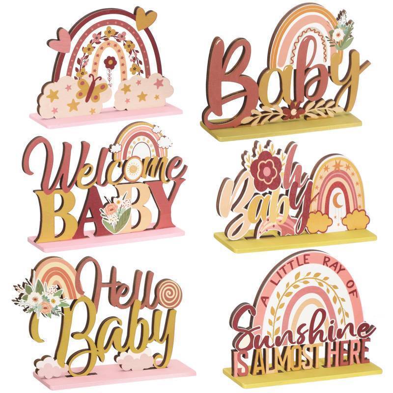 lot 2042 image: 6 Pcs Boho Rainbow Wooden Table Centerpieces Boho Table Rainbow Decor Baby Shower Rainbow Sunshine Centerpieces for Boys Girls Baby Birthday Party Photo Prop Supplies Retail $21.24