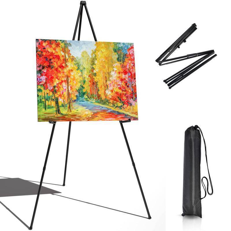 lot 2049 image: Portable Art Easel Stand 63 Inches - Black Picture Stands for Display wBag - Tabletop Art Easel Stand for Sign, Wedding Signs, Poster Stand, Painting Canvas Stand - Metal Tripod, Easels for Display Retail $10.83