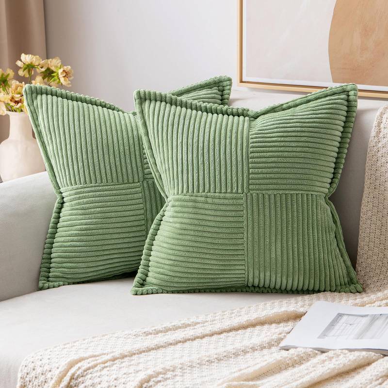 lot 2039 image: MIULEE Corduroy Pillow Covers with Splicing Set of 2 Super Soft Boho Striped Pillow Covers Broadside Spring Decorative Throw Pillows for Couch Cushion Livingroom 24x24 inch, Sage Green Retail $38.74